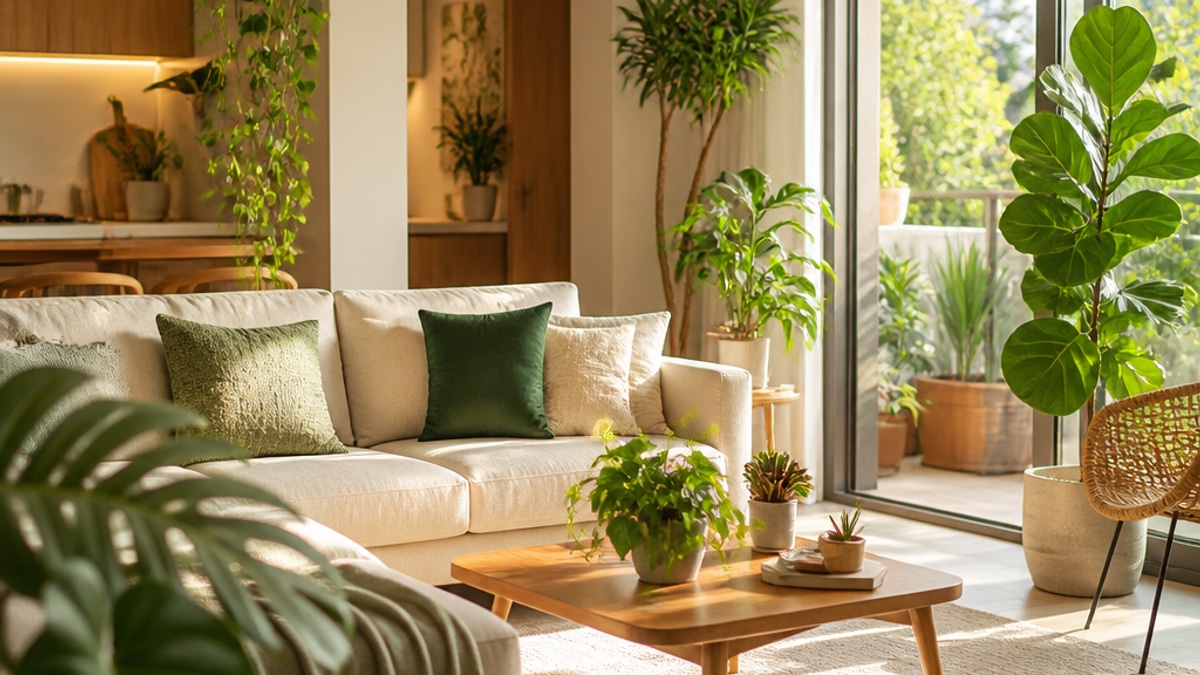 Apartamento iluminado com plantas saudáveis em destaque.