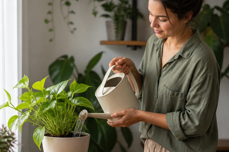 Uma pessoa regando uma planta em um ambiente interno.