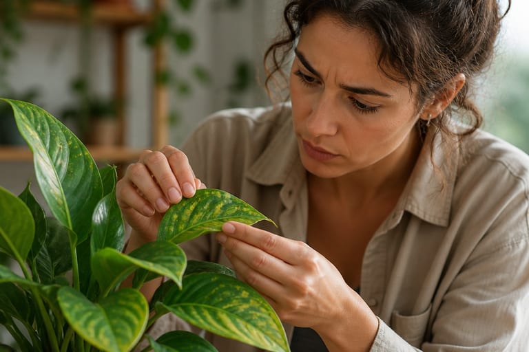 Uma pessoa observa de perto as folhas de uma planta em ambiente interno.