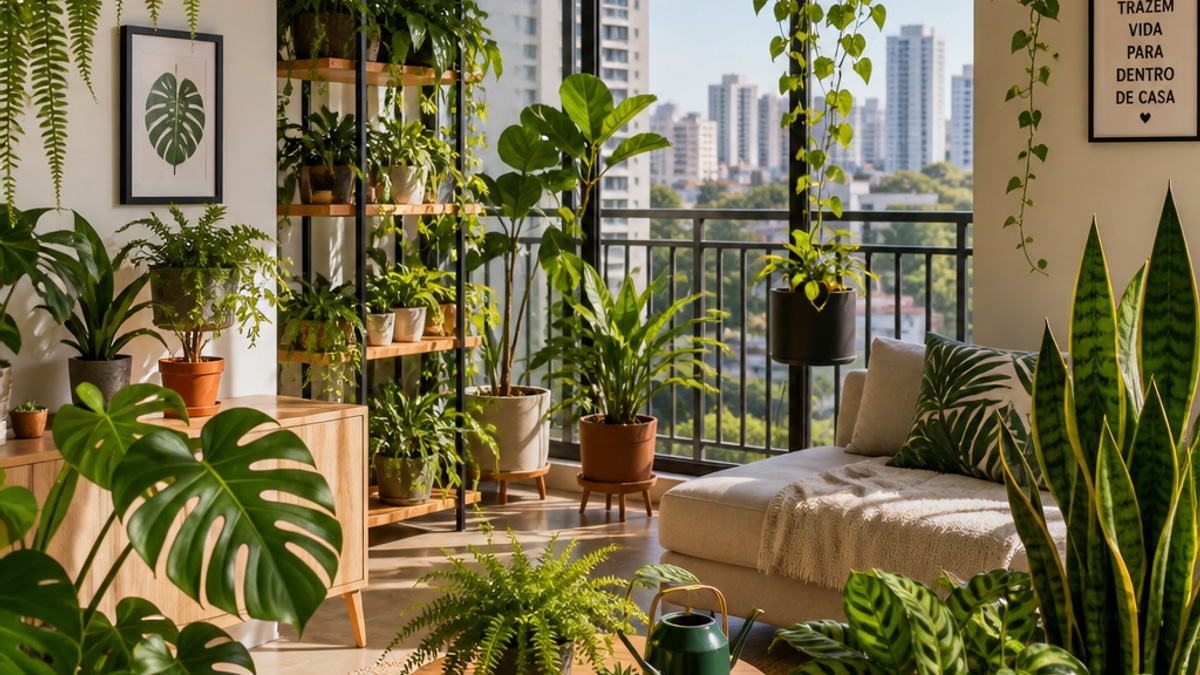 Imagem de um apartamento com várias plantas saudáveis em um ambiente bem iluminado, destacando a diversidade de espécies.