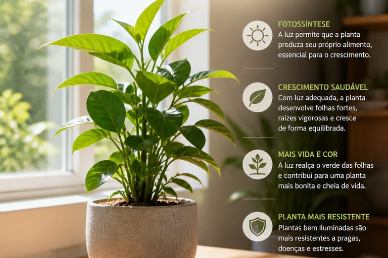 Planta verde recebendo luz natural em um ambiente iluminado.