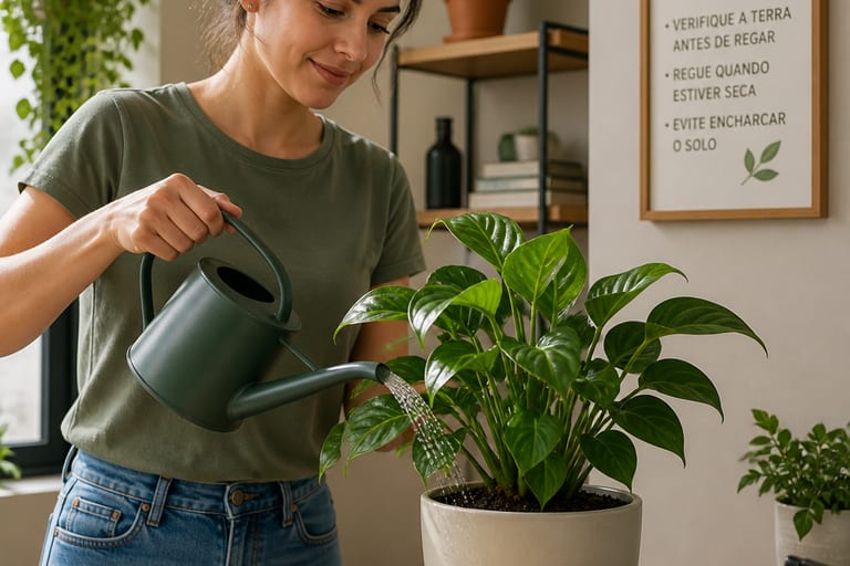 Imagem de uma planta de interior recebendo água de um regador.