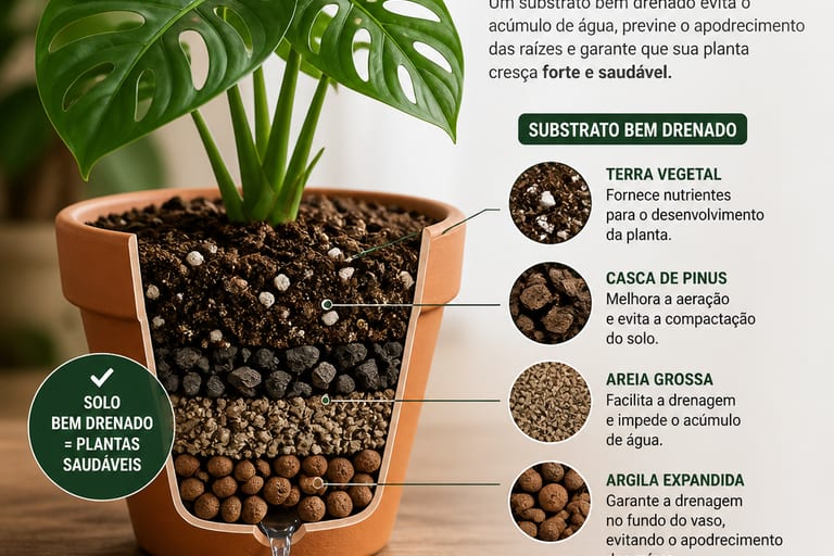 Vaso de planta com substrato bem drenado, evidenciando a importância do solo para o cultivo.