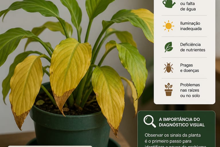 Imagem de uma planta com folhas amareladas, indicando problemas de saúde.