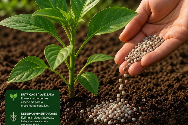 Imagem de fertilizante sendo aplicado em uma planta.