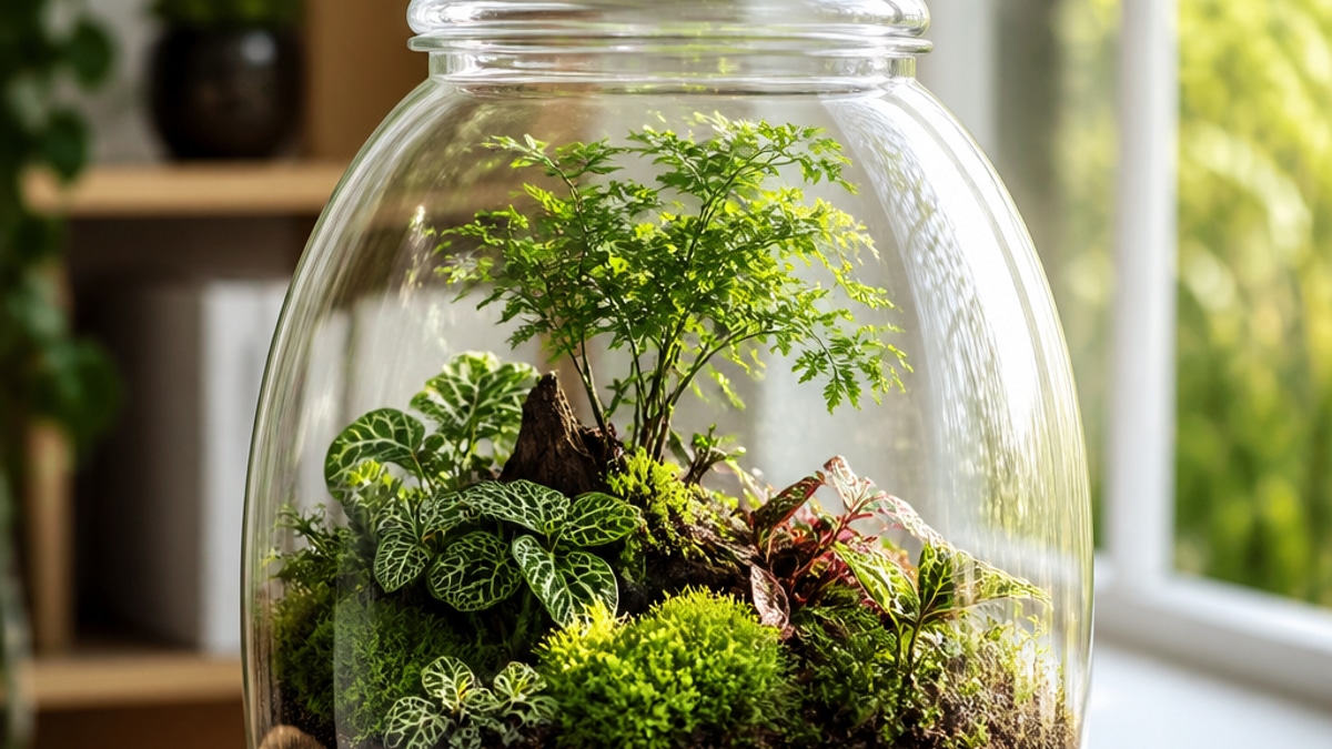 Terrário fechado com vegetação interna visível em ambiente iluminado.