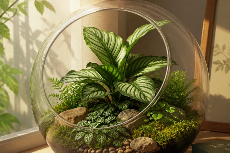 Planta em um terrário recebendo luz indireta.