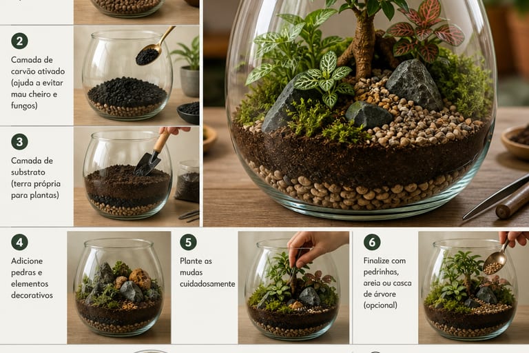 Imagem de um terrário em montagem, com substrato, pedras e plantas.
