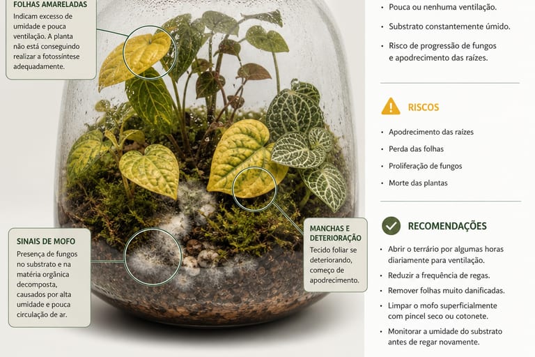 Imagem de um terrário com folhas amareladas e mofo.