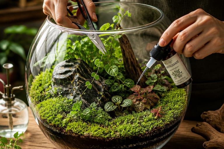 Uma pessoa poda plantas em um terrário fechado.