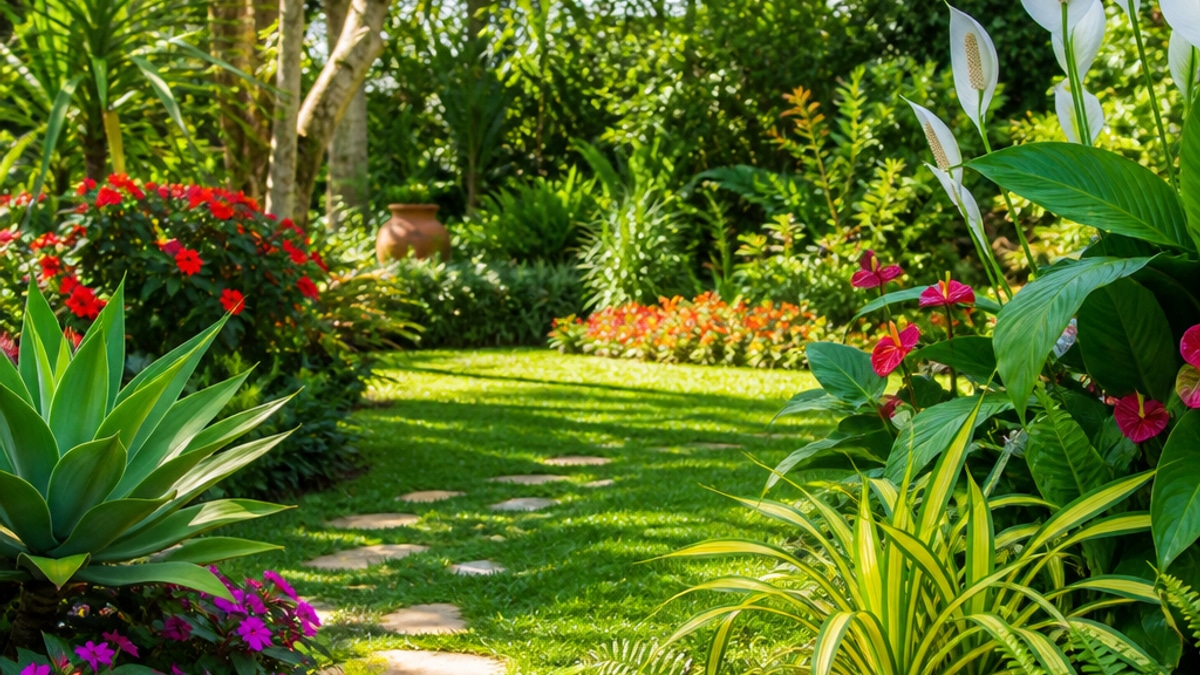 Imagem de um jardim com diversas plantas saudáveis e vibrantes em um ambiente bem iluminado.