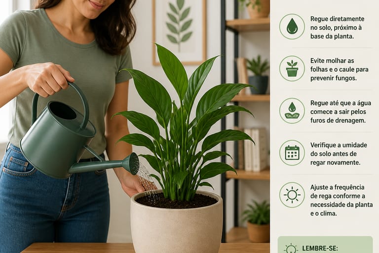 Imagem de um regador sendo usado para regar uma planta em ambiente interno.