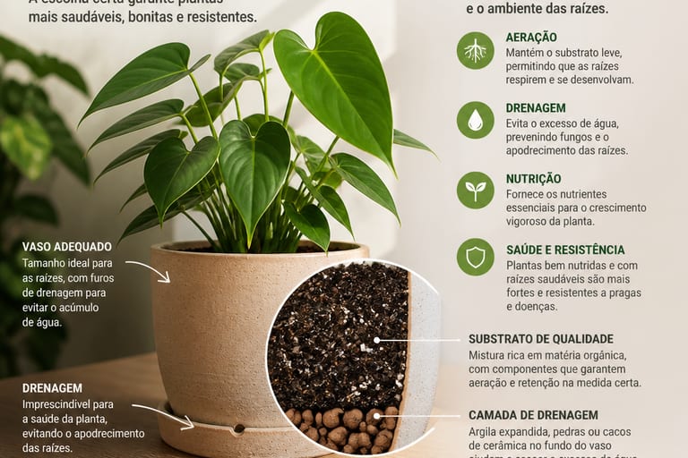 Imagem de um vaso com substrato adequado, destacando sua importância.
