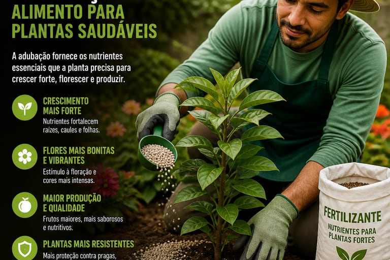 Imagem de um jardineiro aplicando fertilizante em uma planta.