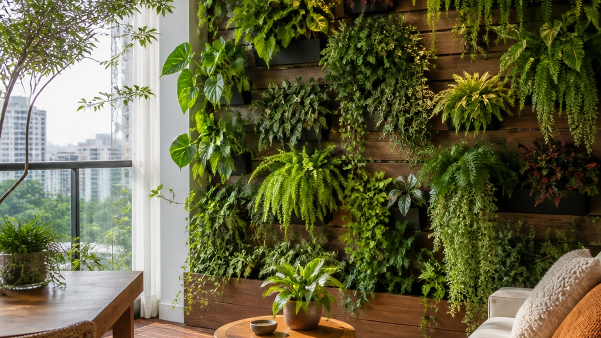 Um jardim vertical em um apartamento, com várias plantas dispostas em uma parede verde, iluminada naturalmente.