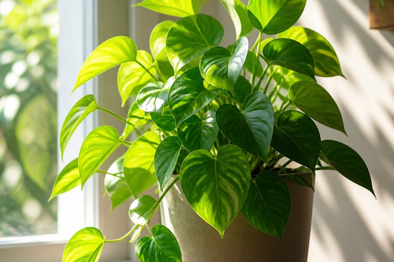 Planta verde em ambiente interno, destacando folhas saudáveis.