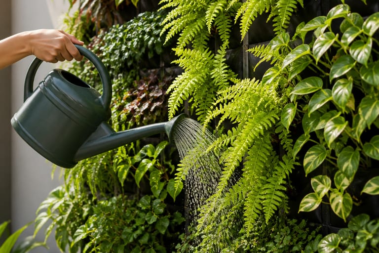 Imagem de um regador e plantas saudáveis em um jardim vertical.
