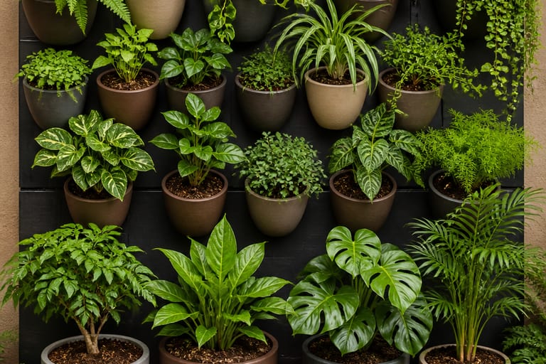 Imagem de vasos com substrato variado em um jardim vertical, apresentando diferentes tamanhos e tipos de plantas.