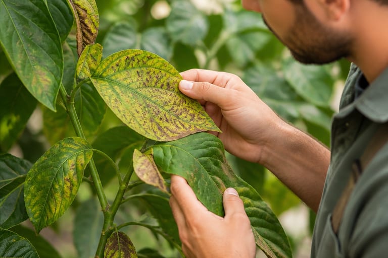 Imagem de folhas de plantas com problemas visíveis, sendo examinadas por um cuidador.