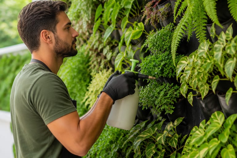 Imagem de um jardim vertical com fertilizante sendo aplicado.
