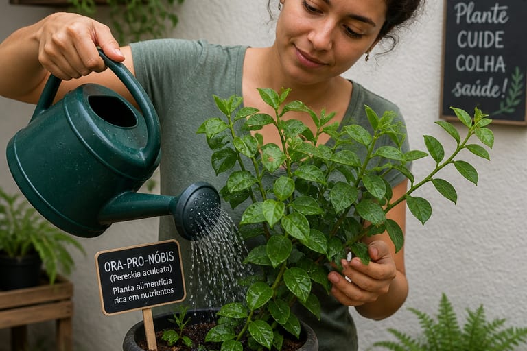 Uma pessoa rega uma planta ora-pro-nobis em vaso.