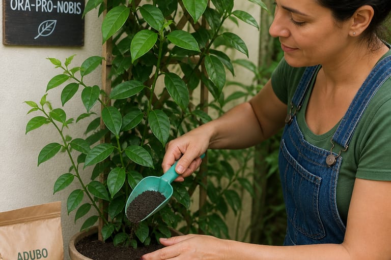 Uma pessoa aplica adubo na planta ora-pro-nobis.