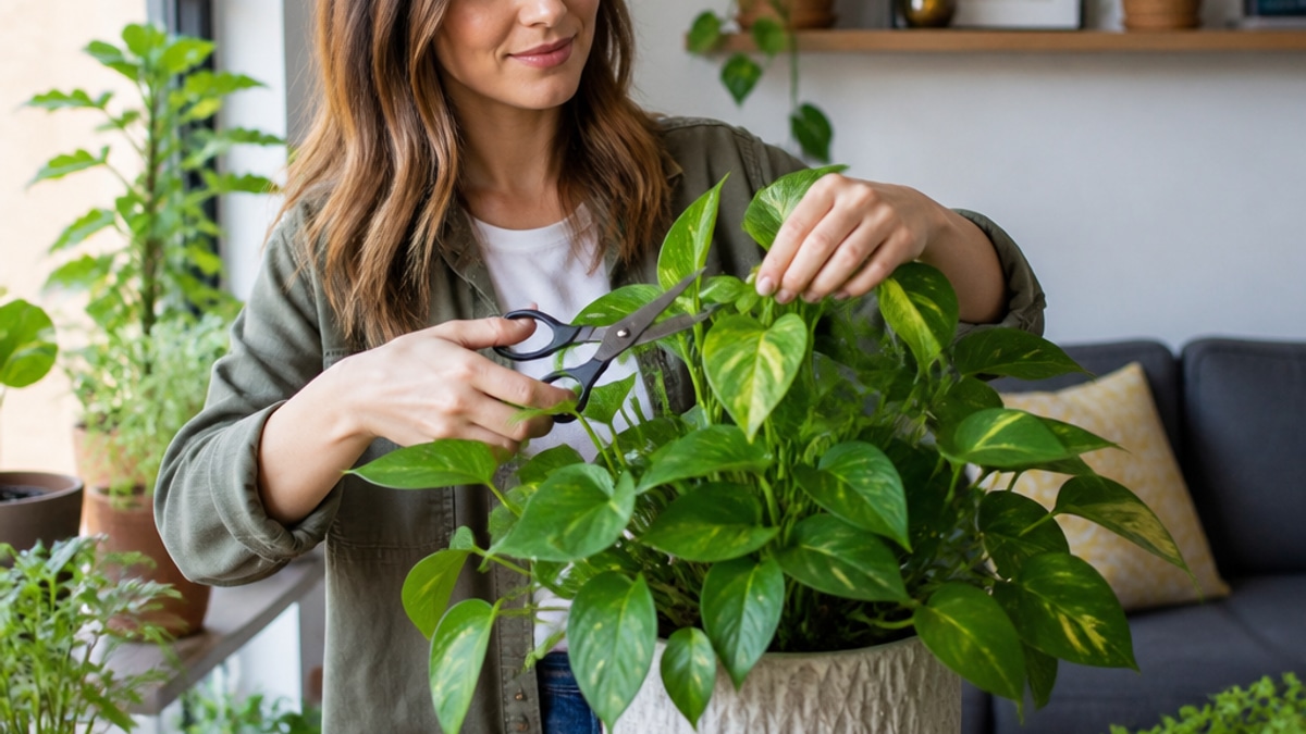 Imagem de uma planta de interior em vaso decorativo, com folhas saudáveis e luz natural suave iluminando o ambiente acolhedor de um apartamento.
