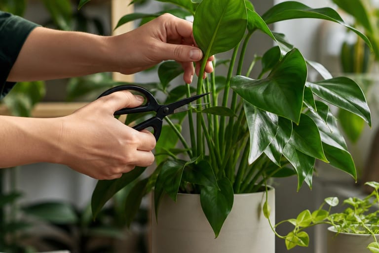 Imagem de plantas de interior em um ambiente de apartamento, evidenciando a importância da poda.