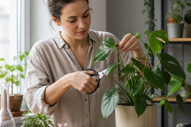 Imagem de plantas de interior com ferramentas de poda, em ambiente iluminado.