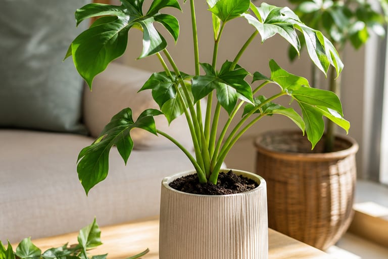 Imagem de planta de interior em ambiente de apartamento, recebendo luz natural suave, destacando cuidados pós-poda.