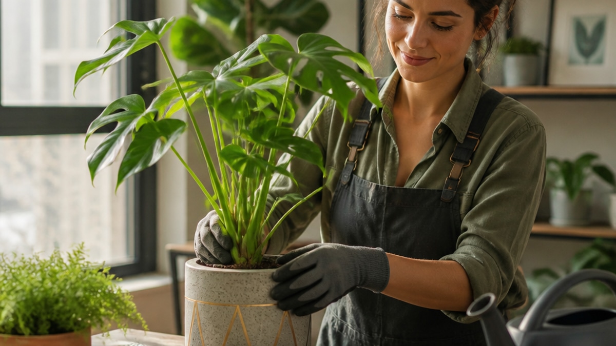 Imagem de uma planta saudável em um vaso decorativo, iluminada por luz natural suave, em um ambiente de apartamento.