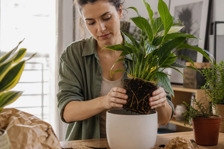 Imagem de uma planta em vaso, com luz natural suave.