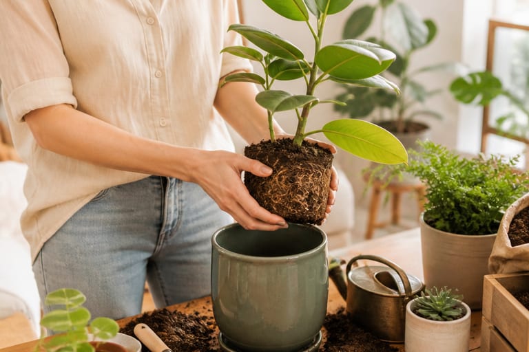 Imagem de um vaso de planta em ambiente de apartamento com luz natural suave.