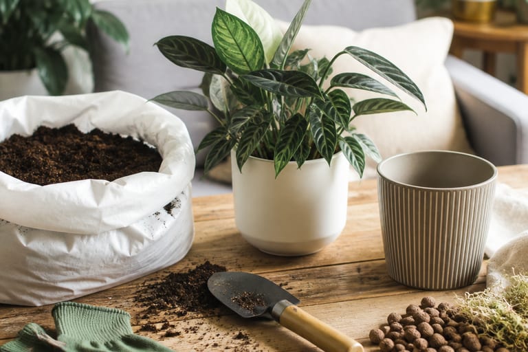 Imagem de materiais necessários para replantar plantas, incluindo vasos, terra e ferramentas de jardinagem.