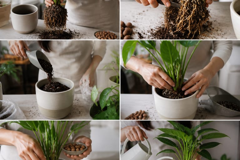 Imagem mostrando o processo de replantio de uma planta em um novo vaso, com foco nas raízes e no solo.