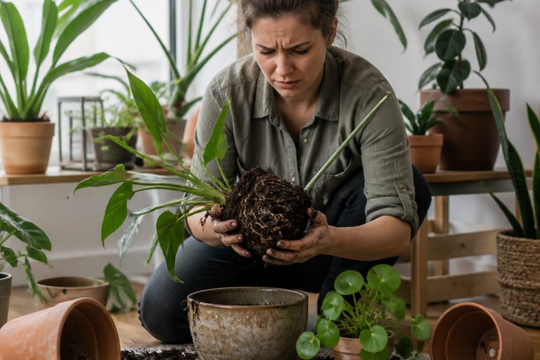 Imagem de um vaso de planta com solo e ferramentas de jardinagem ao redor, em um ambiente de apartamento com luz natural suave.