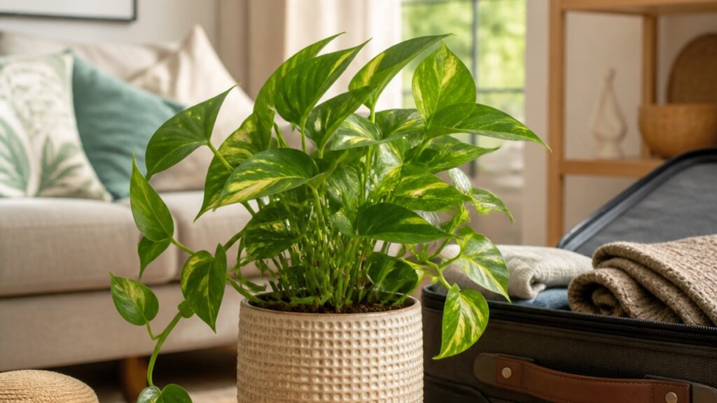 Imagem de uma planta saudável em vaso decorativo, iluminada por luz natural suave, em um ambiente de apartamento.