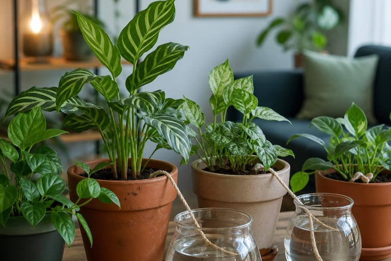 Imagem de um ambiente de apartamento com plantas, enfatizando a luz natural suave e a disposição que favorece a sobrevivência das plantas durante a ausência do cuidador.