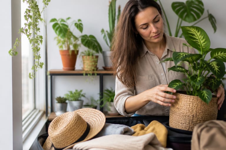 Imagem de um ambiente de apartamento bem iluminado, com plantas em vasos, sugerindo cuidados para mantê-las saudáveis durante viagens.