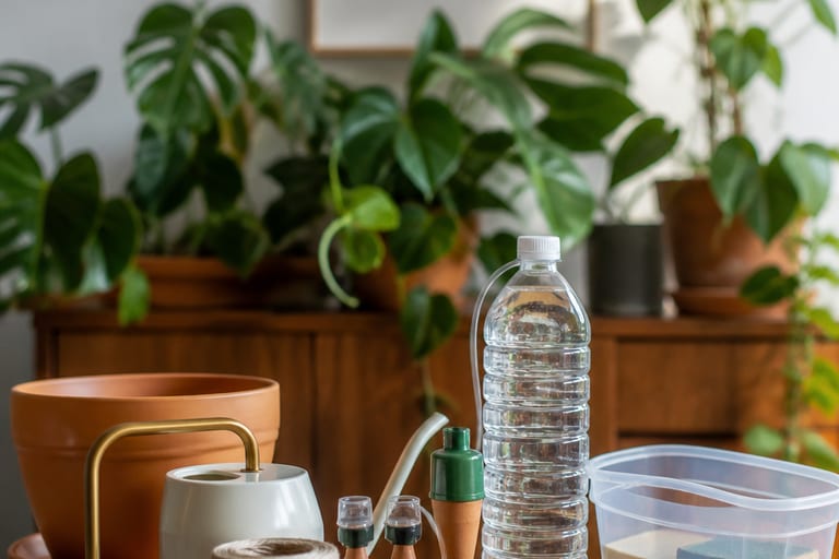 Imagem de ferramentas de jardinagem e materiais para cuidar de plantas durante a ausência.