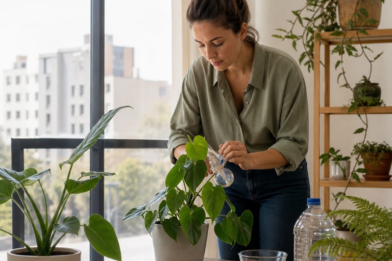 Imagem de plantas em um apartamento, preparadas para viagem.