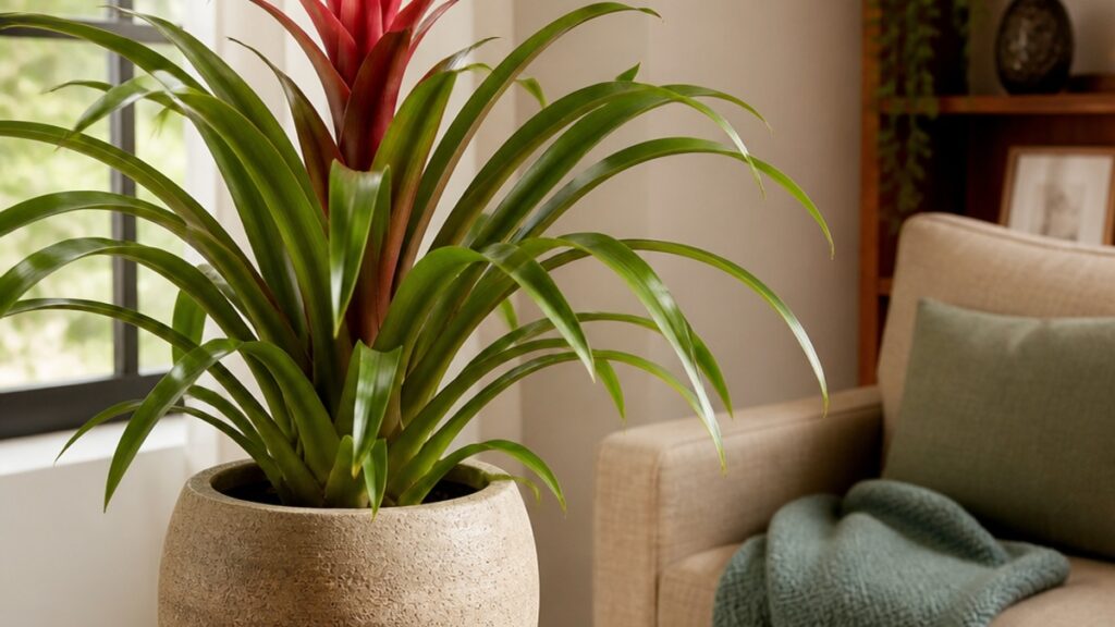 Imagem de uma bromélia em vaso decorativo em um ambiente de apartamento, com luz natural suave iluminando suas folhas saudáveis.