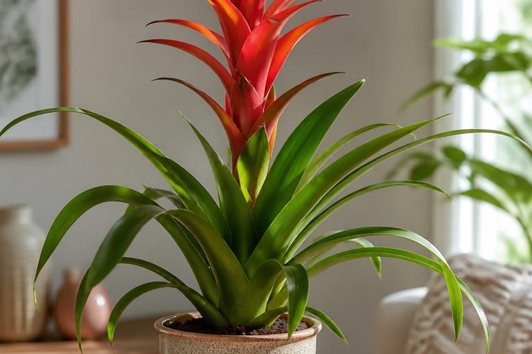 Imagem de uma bromélia em um ambiente de apartamento, com luz natural suave.