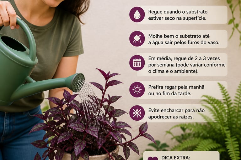 Uma pessoa utiliza um regador para molhar uma trapoeraba roxa.