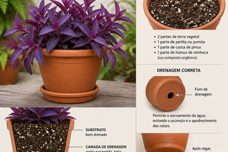Imagem de uma trapoeraba roxa em vaso com substrato bem drenado.