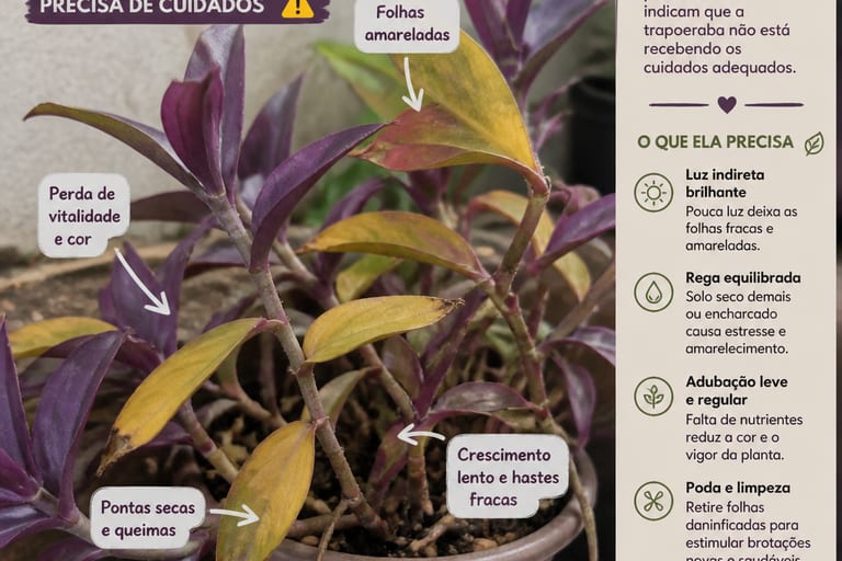 Imagem de uma trapoeraba roxa com folhas amareladas, indicando problemas de saúde da planta.