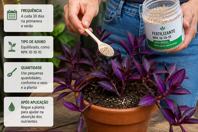 Pessoa aplicando fertilizante em uma trapoeraba roxa.