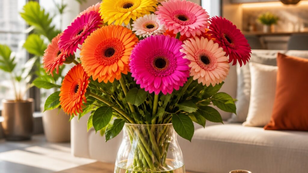 Um vaso com gerberas coloridas em um ambiente iluminado e decorado.