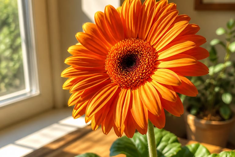Imagem de uma gerbera em vaso recebendo luz solar direta, destacando suas flores coloridas e saudáveis.