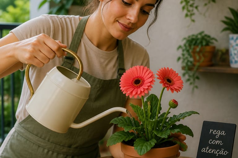 Imagem de uma gerbera em vaso sendo regada com cuidado.